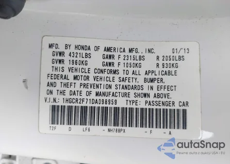 2013 Honda Accord Ex from USA, damaged, VIN 1HGCR2F71DA098959